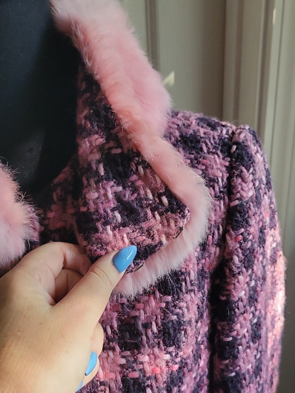 Guess Pink and PURPLE Houndstooth RABBIT Fur Trim Pea Coat SIZE M 45% WOOL - Picture 12 of 15